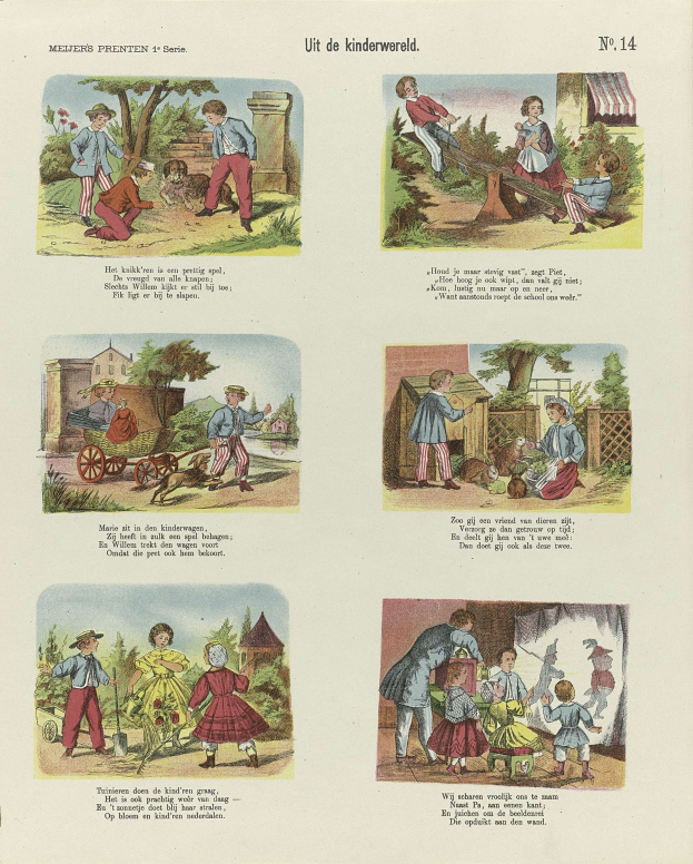 Ein aufgeschlagenes Buch mit Illustrationen von Kindern, die im Park spielen, umgeben von Baeumen, Gebaeuden und einem Wagen, neben Text auf den Seiten.