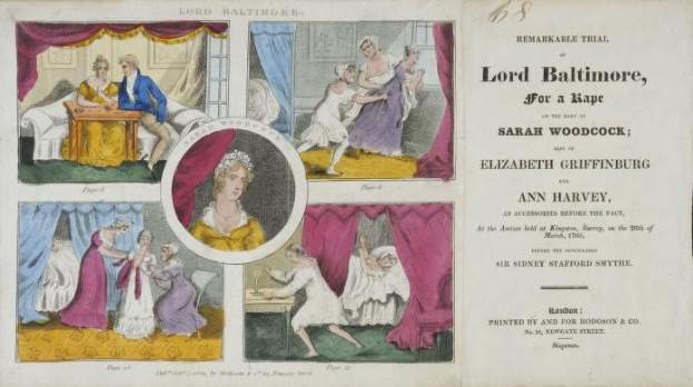 Eine historische Prozessdokument-Illustration, die Lord Baltimore des Vergewaltigens beschuldigt, mit Porträts, Vorhängen und Text auf altem Papier.