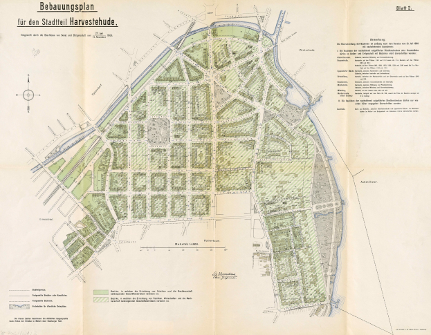 Detailiertes altes Stadtplan von Berlin, Deutschland, mit Straßen, Gebäuden und Sehenswürdigkeiten sowie begleitendem Text, der den Stadtteilplan beschreibt.