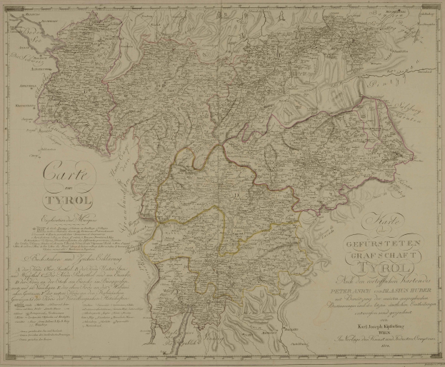Detailreicher alter Stadtplan von Tirol, Deutschland, mit Städten, Dörfern, geografischen Merkmalen und Text mit zusätzlichen Informationen wie Bevölkerung, Straßen und Sehenswürdigkeiten.