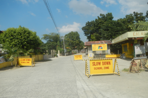 Eine Straße mit einem gelben "Slow Down School Zone"-Schild auf der linken Seite, geparkte Fahrzeuge auf der rechten Seite und Bäume, Gebäude, Pfähle, Drähte und den Himmel im Hintergrund.