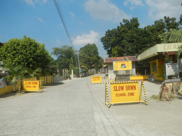 Eine Straße mit einem gelben "Slow Down School Zone"-Schild auf der linken Seite, geparkte Fahrzeuge auf der rechten Seite und Bäume, Gebäude, Pfähle, Drähte und den Himmel im Hintergrund.