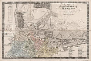 Detailierte alte Karte von Weimar, Deutschland, zeigt Straßen, Gebäude und Sehenswürdigkeiten mit begleitendem Text über die Bevölkerung und Merkmale der Stadt.