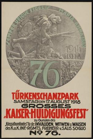 Plakat zum 70. Jubiläum des Kaiser-Huldigungsfestes in Berlin, Deutschland, das eine Gruppe von Menschen mit Text und Zahlen in einem Rahmen zeigt.