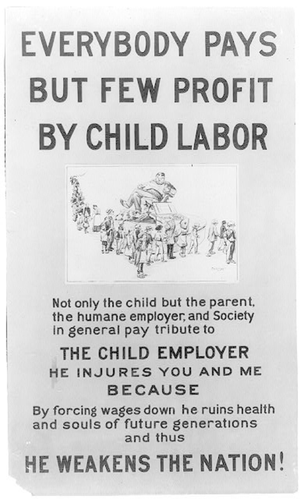 Schwarzes und weißes Plakat mit dem Text "Jeder zahlt, aber wenige profitieren von Kinderarbeit" und einer Gruppe von Menschen im Hintergrund.