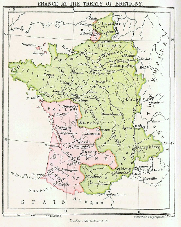 Detailierte Karte Frankreichs aus dem Vertrag von Brétigny, die Provinzen und Städte zeigt, begleitet von textlichen Informationen zum Vertrag.
