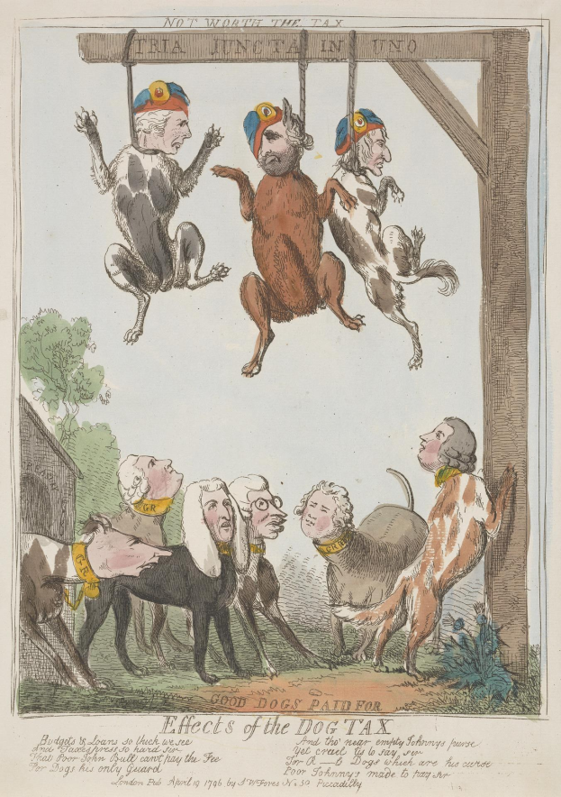 Ein Papierreißbild, das Menschen und Tiere, darunter einen Hund, zeigt, der an einem hölzernen Pfahl hängt, mit begleitendem Text, der wahrscheinlich auf eine Hundesteuer Bezug nimmt.