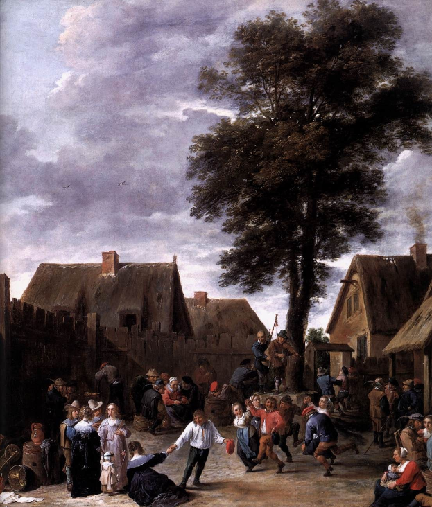 Gemälde mit dem Titel "Der Tanz im Dorf" von Jan Brueghel dem Jüngeren, das einen Dorfplatz mit Menschen, Häusern, Bäumen, einem hölzernen Zaun, einer bewölkten Himmel und fliegenden Vögeln zeigt.