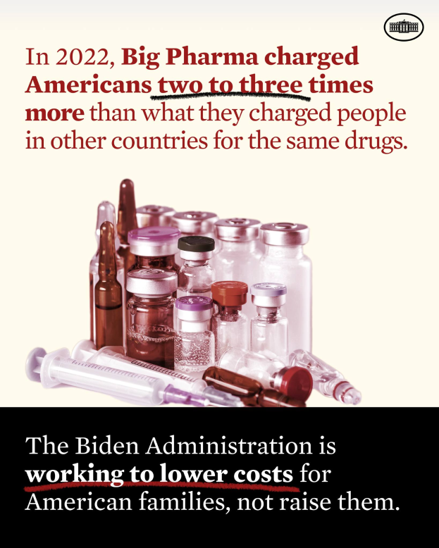 Ein Plakat mit Text """2022, Big Pharma Charged Americans Two to Three Times More Than What They Charged People in Other Countries for the Same Drugs""" am unteren Rand, mit ein paar Flaschen und einer Spritze darunter.