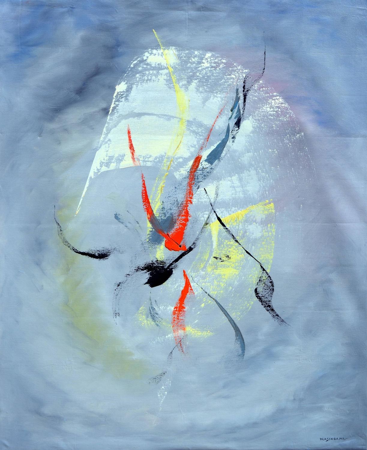 Abstrakte Malerei mit Acryl auf Leinwand, die ein graues Farbschema und einen blauen Hintergrund mit roten und gelben Akzenten zeigt.