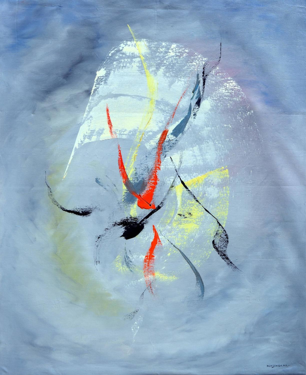 Abstrakte Malerei mit Acryl auf Leinwand, die ein graues Farbschema und einen blauen Hintergrund mit roten und gelben Akzenten zeigt.