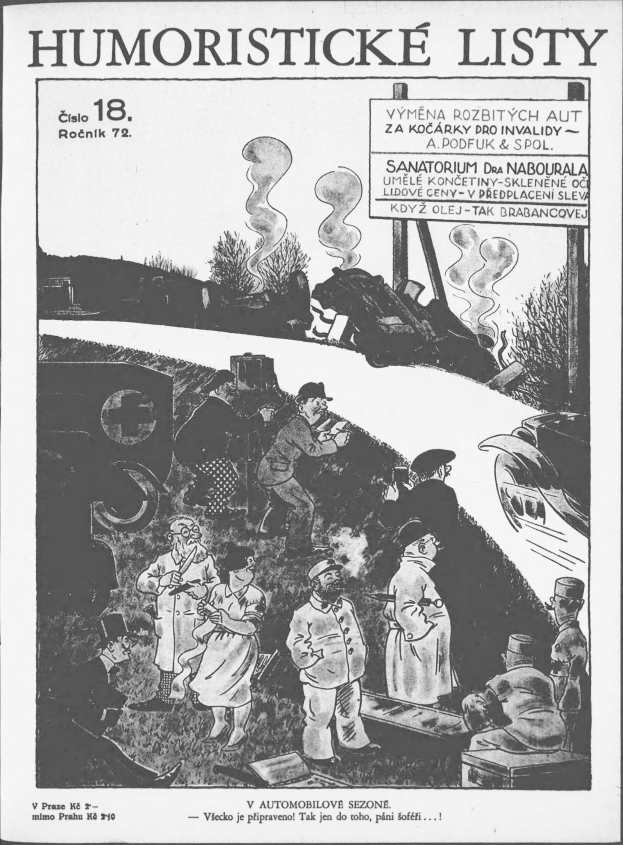 Schwarzer und weißer Cartoon von Menschen, die auf einen Zug schauen, mit "humoristische Listen 18" darauf geschrieben.