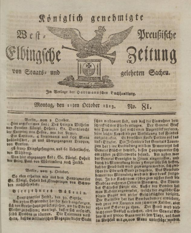 Altes Buchcover mit einer zentralen Adlerillustration, die erste Ausgabe der deutschen Zeitung 'Bundeswehr' vom Oktober 1813 mit sichtbarem Text.