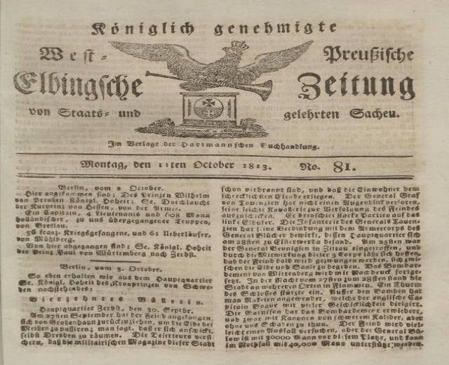Altes Buchcover mit einer zentralen Adlerillustration, die erste Ausgabe der deutschen Zeitung 'Bundeswehr' vom Oktober 1813 mit sichtbarem Text.