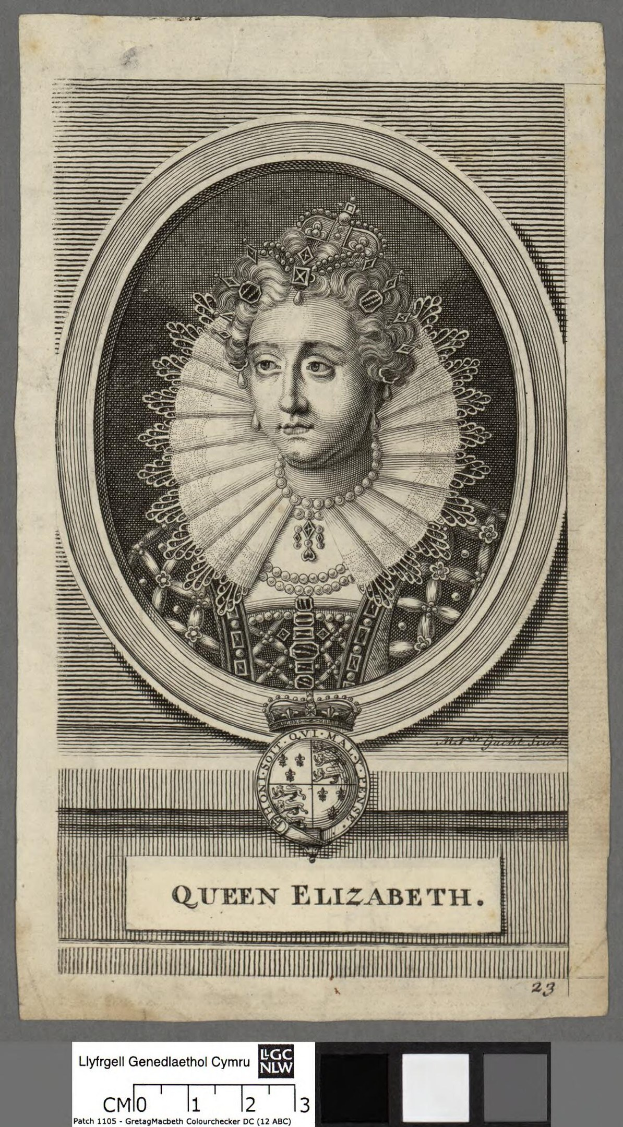 Porträt der Queen Elizabeth I. von England in königlicher Kleidung, einschließlich einer Krone und Tiara, mit ihrem Haar zu einem Knoten gebunden und ihrem Blick zur Seite gerichtet.