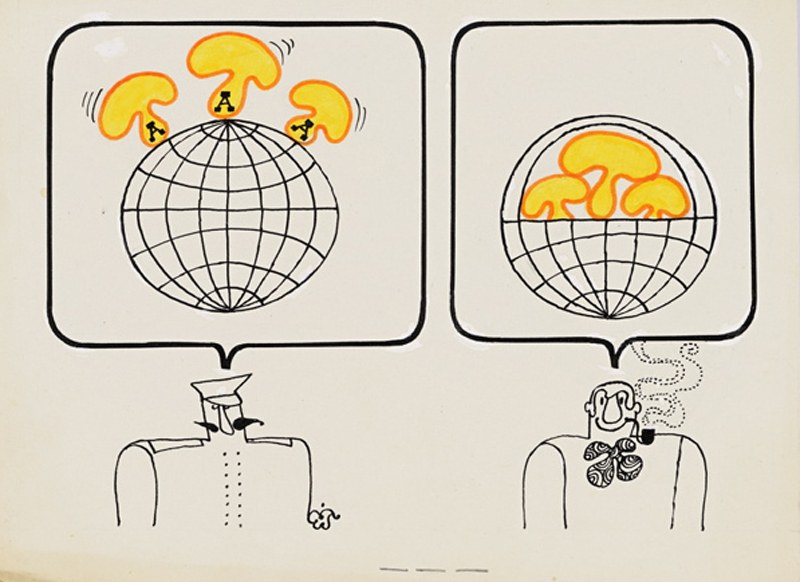 Eine Zeichnung eines Mannes in Anzug und Krawatte und einer Frau in unbekannter Kleidung vor einer Weltkugel, beide mit ernsten Gesichtern, was eine Diskussion über globale Angelegenheiten vermuten lässt.