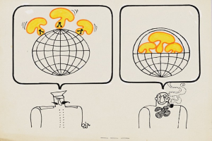 Eine Zeichnung eines Mannes in Anzug und Krawatte und einer Frau in unbekannter Kleidung vor einer Weltkugel, beide mit ernsten Gesichtern, was eine Diskussion über globale Angelegenheiten vermuten lässt.