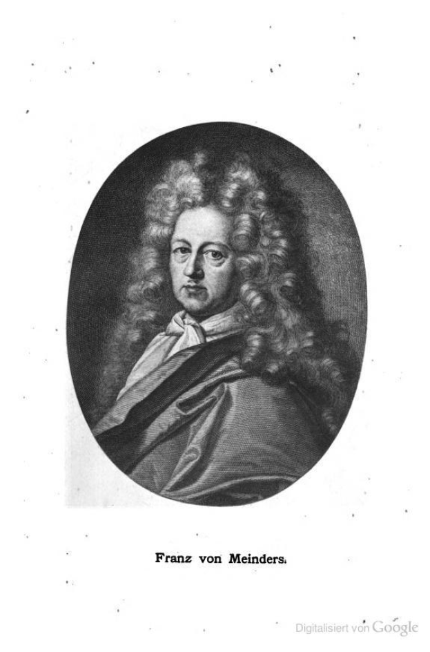 Schwarzes und weißes Porträt von Franz von Meinders, einem deutschen Komponisten mit langen Locken, und deutschem Text unten.