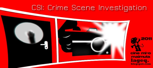 Rotes Plakat mit der Aufschrift "CSI Crime Scene Investigation" in fetter weißer Schrift, das einen Menschen in einer schwarzen Kapuzenjacke mit entschlossener Miene zeigt, umgeben von einem schwarzen und weißen Rand vor einem dunklen blauen Hintergrund.