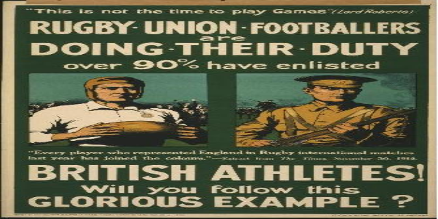 Ein Vintage-Plakat mit zwei Rugby-Union-Fußballern, die ihren Dienst tun, und Text, der über 90% der britischen Athleten, die sich gemeldet haben, informiert.
