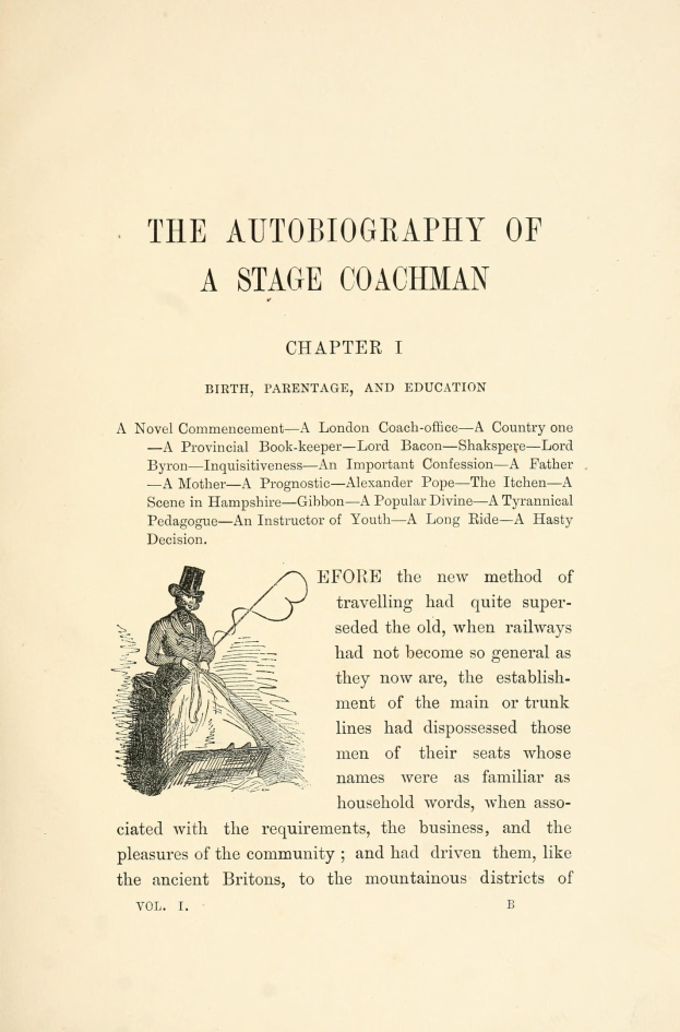 Offenes Buch mit dem Titel "Die Autobiografie eines Kutschers" zeigt eine Zeichnung eines ernst aussehenden Kutschers in einem Anzug und Hut, der einen Stab und ein Buch hält.