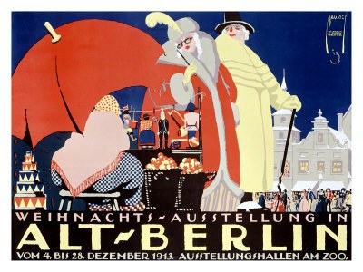 Ein Plakat, das eine Zirkusveranstaltung in Berlin, Deutschland, bewirbt, mit einer lebhaften Illustration von Menschen, Gebäuden und anderen Gegenständen und den Worten "Weihnachtsausstellung in Alt-Berlin" quer darüber geschrieben.