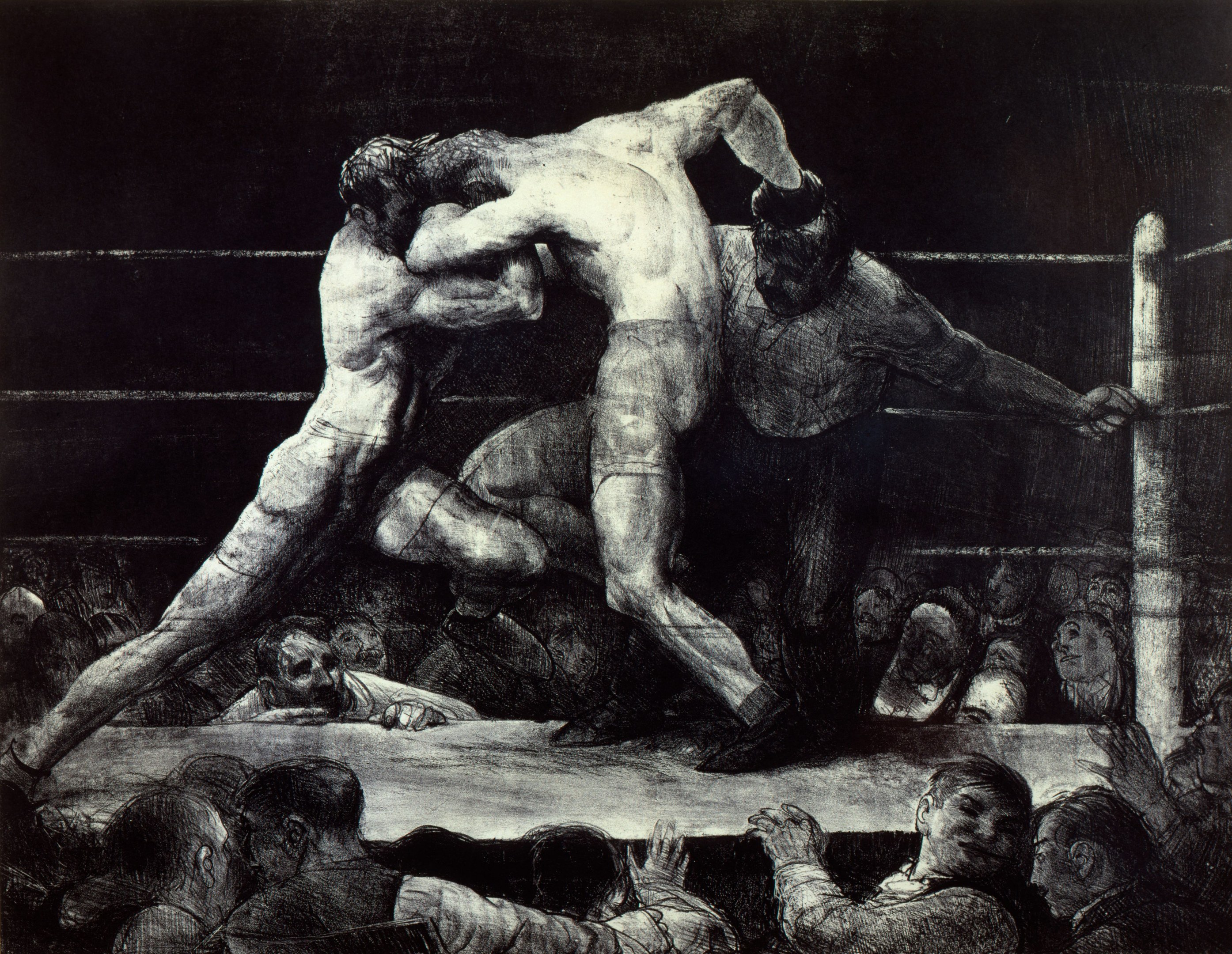 Schwarz-weiß-Zeichnung von zwei Boxern im Ring, einer wirft einen Schlag, während der andere sich verteidigt, mit einer jubelnden Menge im Hintergrund.