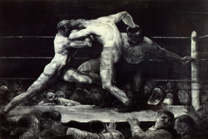 Schwarz-weiß-Zeichnung von zwei Boxern im Ring, einer wirft einen Schlag, während der andere sich verteidigt, mit einer jubelnden Menge im Hintergrund.