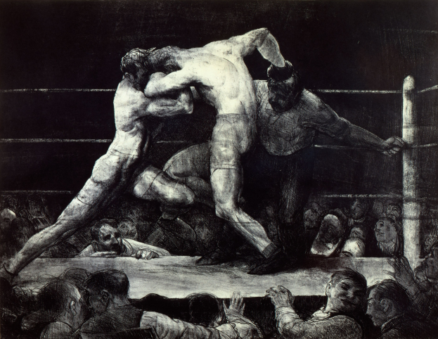 Schwarz-weiß-Zeichnung von zwei Boxern im Ring, einer wirft einen Schlag, während der andere sich verteidigt, mit einer jubelnden Menge im Hintergrund.