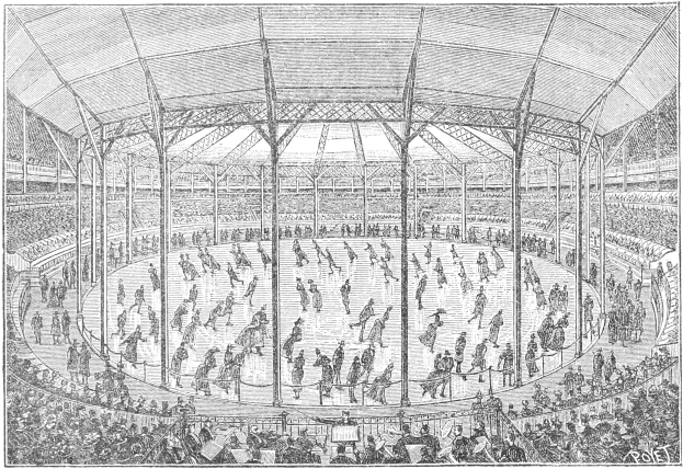 Schwarze und weiße Illustration einer überfüllten Arena, die ein Eishockeyspiel während der Olympischen Spiele in London, England, ausrichtet, mit Zuschauern und Spielern.
