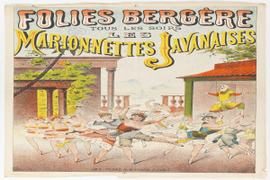 Ein Plakat, das ein Tanzshow in Paris ankündigt, mit einer Gruppe von Menschen im Vordergrund, die tanzen, einem Gebäude, Bäumen und Himmel im Hintergrund und Text auf dem Plakat.