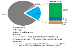 Tortendiagramm, das den globalen Verbrauch von erneuerbaren Energien im Jahr 2008 zeigt, aufgeschlüsselt nach Quellen einschließlich fossiler Brennstoffe, Kernenergie, Wasser, Heißwasser, Heizung, Biomasse, Solarenergie, Geothermie und Biokraftstoffe.
