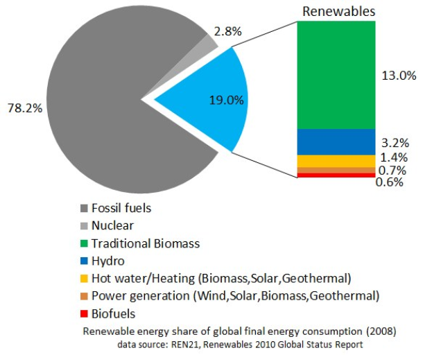 Tortendiagramm, das den globalen Verbrauch von erneuerbaren Energien im Jahr 2008 zeigt, aufgeschlüsselt nach Quellen einschließlich fossiler Brennstoffe, Kernenergie, Wasser, Heißwasser, Heizung, Biomasse, Solarenergie, Geothermie und Biokraftstoffe.