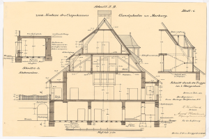 Ein detailliertes architektonisches Zeichnung eines Hauses mit zahlreichen Fenstern und einem Dach, identifiziert als das erste Haus in Deutschland, begleitet von strukturellen Plänen und Text auf Papier.