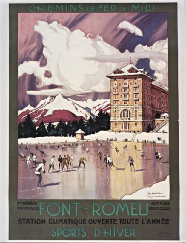 Plakatwerbung für ein Skigebiet in den französischen Alpen, das Menschen beim Eislaufen vor einem Gebäude mit Bäumen und Bergen im Hintergrund zeigt, einschließlich Text.