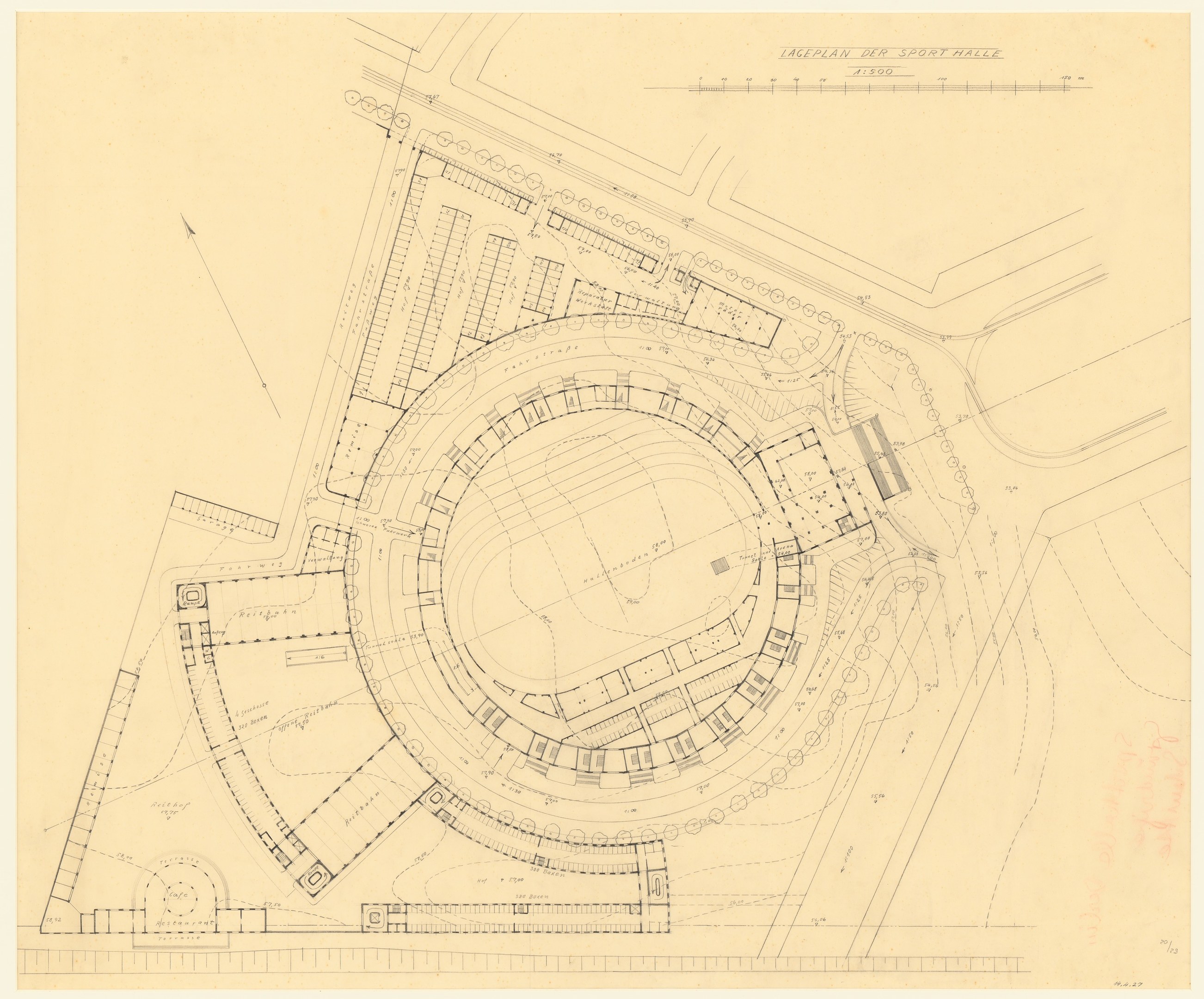 Schwarz-weißes architektonisches Zeichnung eines Stadion-Geländes mit umliegenden Gebäuden und handgeschriebenen Textanmerkungen.