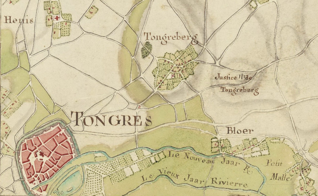 Ausführliche alte Stadtkarte von Tongres mit Straßen, Gebäuden und Sehenswürdigkeiten mit Text.