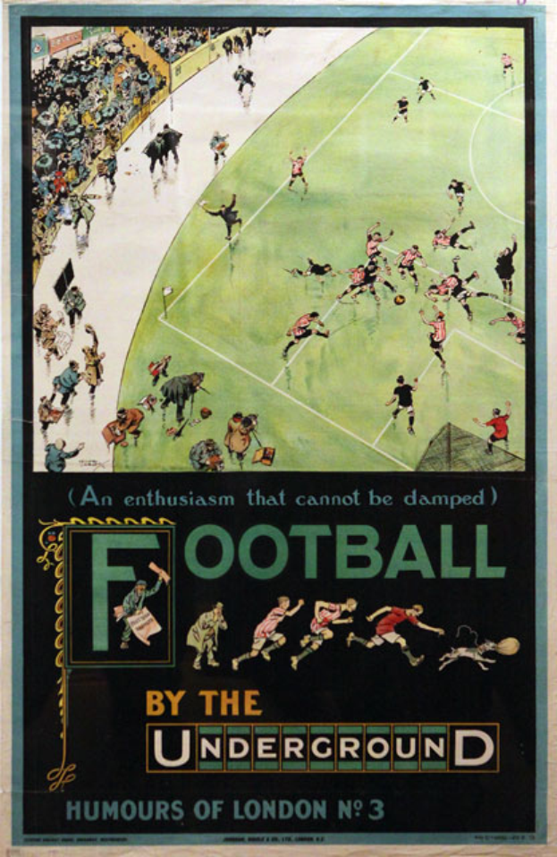 Ein Vintage-Plakat, das ein Fußballspiel mit dem Titel "Fußball unter der Erde - Londoner Humor Nr. 3" ankündigt, zeigt eine Zuschauermenge in einem Stadion.