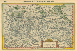 Alte Deutschlandkarte mit den Provinzen Pfalz und Bayern im Fokus, auf altem Papier mit handgeschriebener Text.