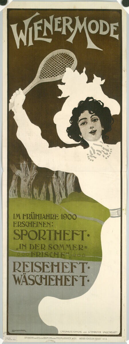 Plakat aus den 1920er Jahren, das ein Tennisturnier bewirbt und eine Frau mit einem Tennisschläger zeigt.