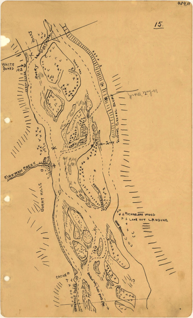 Detailierter alter Stadtplan auf altem Papier mit handgeschriebenem Text, der Straßen, Gebäude, Parks und Sehenswürdigkeiten kennzeichnet.
