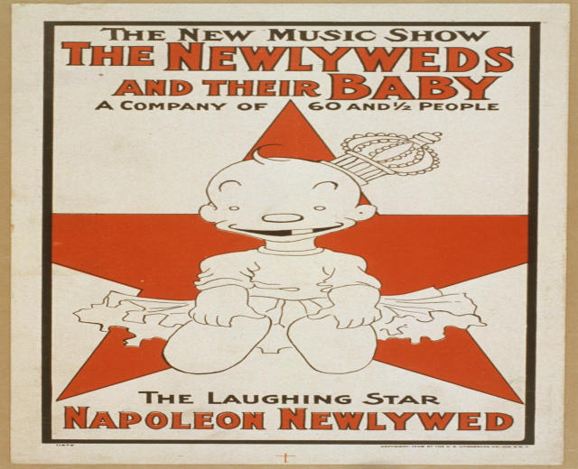 Plakat für "The New Music Show: The Newlyweds and Their Baby" mit einer Cartoon-Baby in einem weißen Strampler mit einer pinken Schleife, das gegen einen hellblauen Hintergrund mit Sternen lächelt.