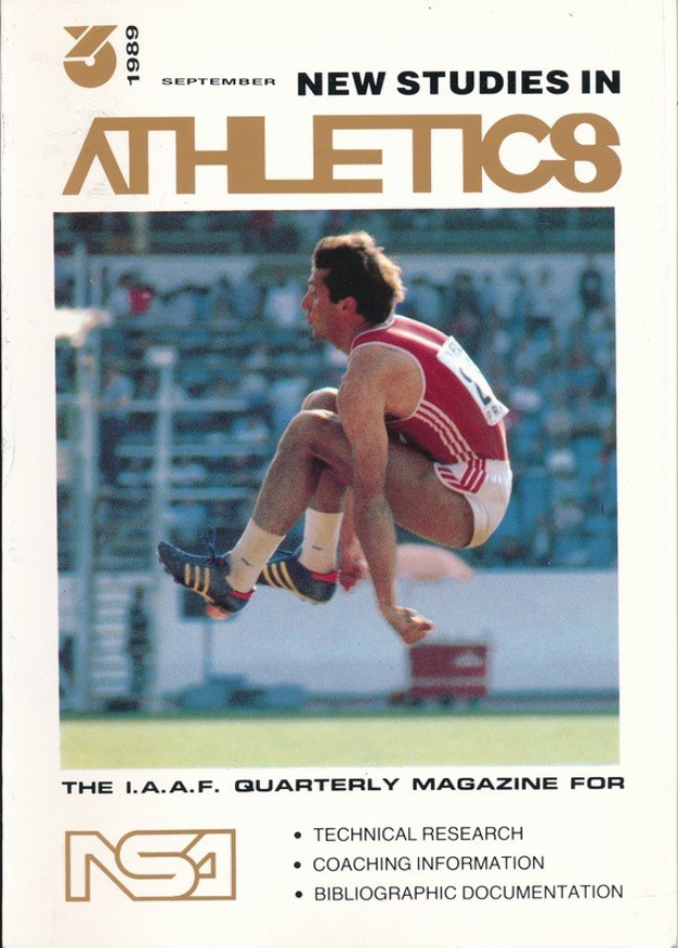 Buchumschlag mit einem Mann in der Luft und der Aufschrift "Neue Studien im Leichtathletik September 1989".