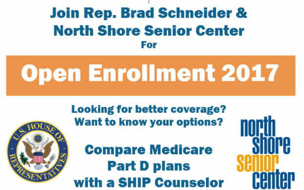 Ein Plakat mit dem Text 'Treten Sie ein für die Open Enrollment 2017 mit Rep. Brad Schneider & North Shore Senior Center' und einem Logo.