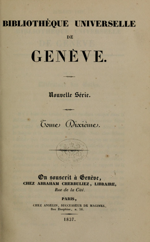 Altes Buch mit dem Titel 'Bibliothèque Universelle de Geneve' zeigt Text im Innern.