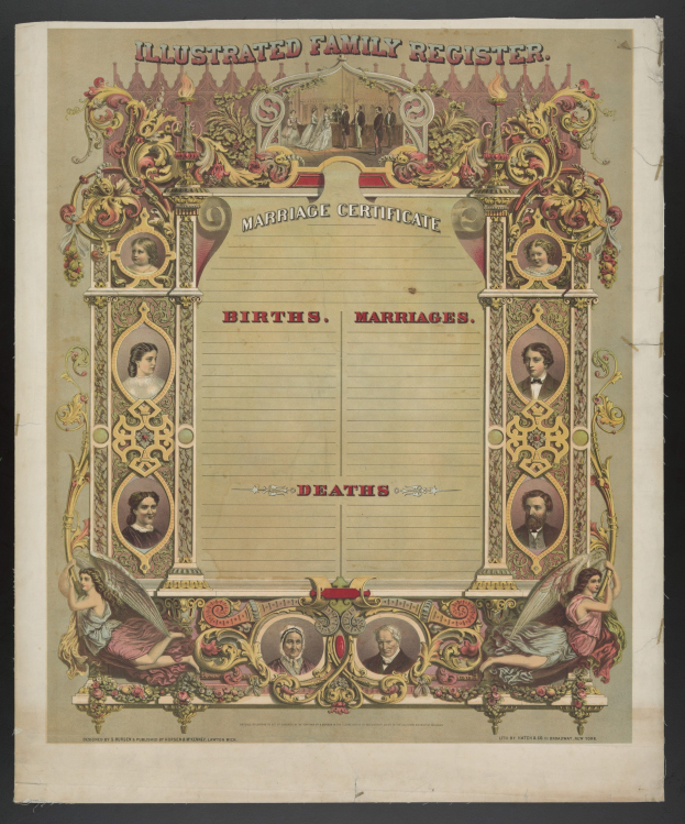 Ein illustrierter Familienstammbuch-Eintrag mit schwarzem Hintergrund, der Bilder von Menschen und den Text "Geburten, Hochzeiten, Tode" zeigt.