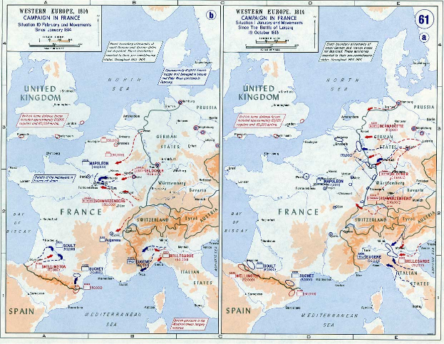 Eine historische Posterkarte von Europa während der Schlacht von Leipzig, unterteilt in Abschnitte für Europa und Frankreich, mit nummerierten Regionen und textuellen Beschriftungen von Städten und geografischen Merkmalen.