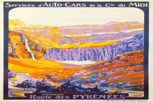 Ein Plakat, das eine Autowerkstatt in den Pyrenäen, Frankreich, bewirbt und eine Landschaft mit sanften Hügeln unter einem klaren blauen Himmel zeigt, sowie Text, der Informationen über den Service enthält.