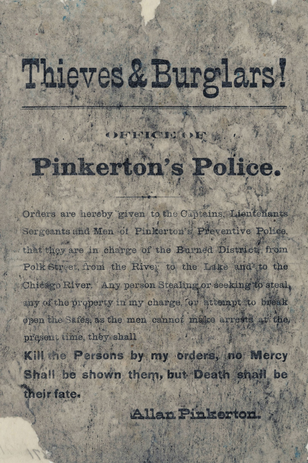 Plakat mit fettem schwarzem Text "Diebe & Einbrecher Pinkertons Polizei" in der Mitte auf einem weißen Hintergrund eingerahmt von einem dünnen schwarzen Rand.