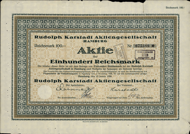 Alte deutsche Banknote mit schwarzem Hintergrund und Text, der 'Rudolph Karlstadt Aktiengesellschaft Hamburg' liest.
